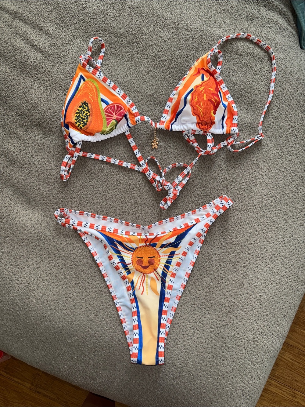 Orange Sun Print Triangle Bikini Top & Bottom Set